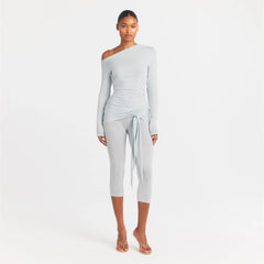 CUPRO JERSEY ASYMMETRICAL TOP | PEARL ON A MODEL FRONT VIEW @ | FOCUS: 0.0, 1.0, 0.9