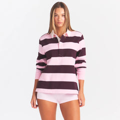BOYFRIEND FLEECE OVERSIZED POLO | CURRANT RUGBY STRIPE ON A MODEL | FOCUS: 0.0, 1.0, 0.9
