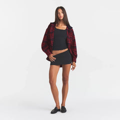 OUTDOOR FLANNEL OVERSIZED HOODED SHIRT | MERLOT CABIN PLAID ON A MODEL | FOCUS: 0.0, 1.0, 0.9
