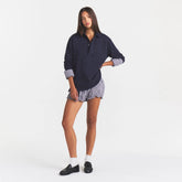 BOYFRIEND FLEECE OVERSIZED POLO | BLUE BLACK ON A MODEL | FOCUS: 0.0, 1.0, 0.9