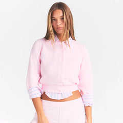 COTTON FLEECE SHRUNKEN CARDIGAN | CHERRY BLOSSOM ON A MODEL SIDE VIEW @ | FOCUS: 0.0, 1.0, 0.9