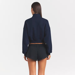 DRAPEY FRENCH TERRY HALF ZIP | NAVY ON A MODEL SIDE VIEW @ | FOCUS: 0.0, 1.0, 0.9