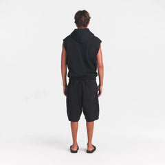 FLEECE LOUNGE MENS SLEEVELESS HOODIE | WASHED ONYX| MODEL BACK VIEW @ | FOCUS: 0.0, 1.0, 0.9