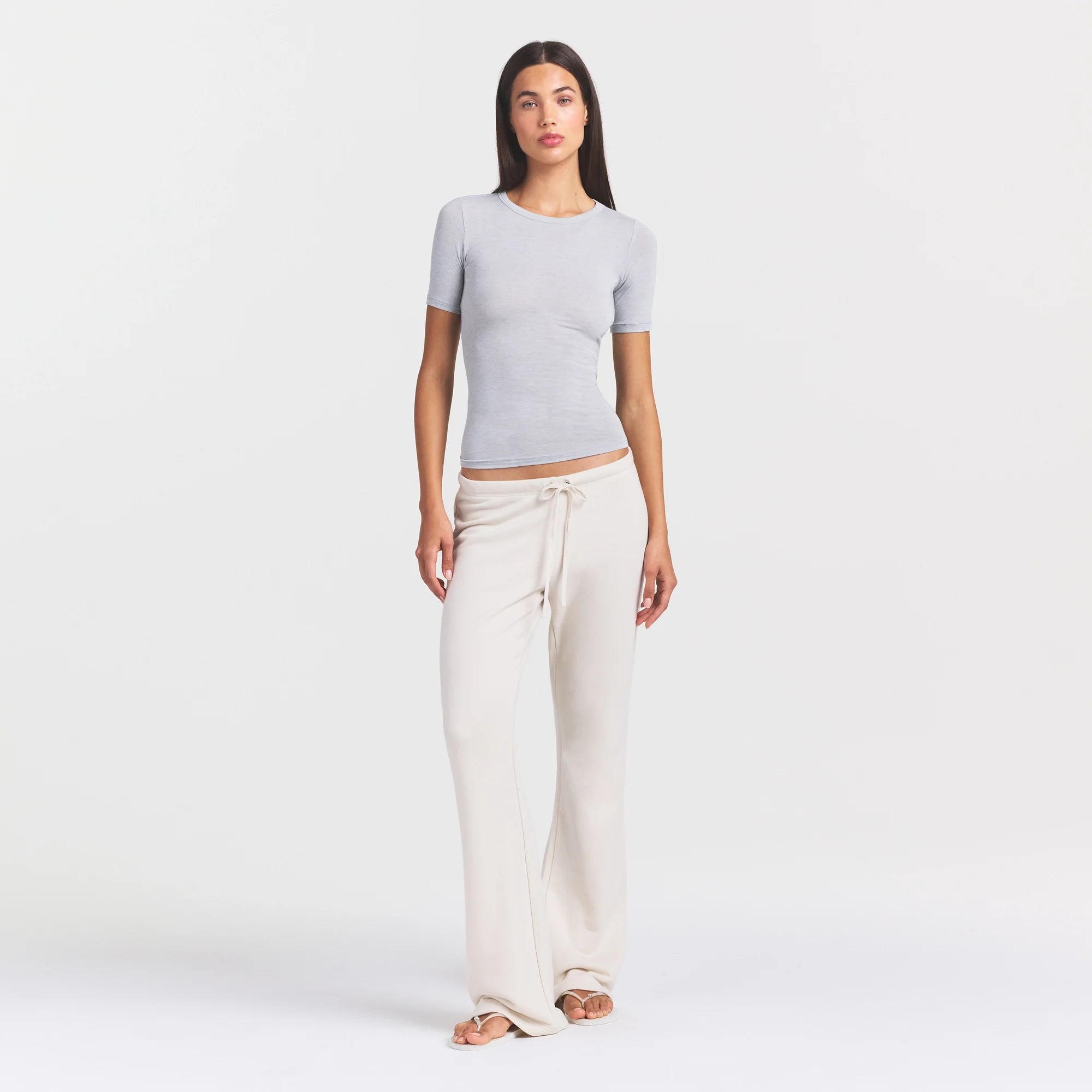 SHEER MODAL LONG T-SHIRT | HEATHER GREY ON A MODEL FRONT VIEW
