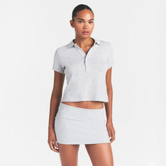 WORN IN JERSEY POLO | LIGHT HEATHER GREY ON A MODEL FRONT VIEW @ | FOCUS: 0.0, 1.0, 0.9