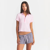 WORN IN JERSEY POLO | PEONY ON A MODEL FRONT VIEW @ | FOCUS: 0.0, 1.0, 0.9
