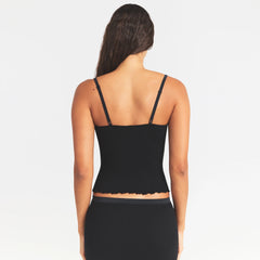 RIB KNIT LACE CAMI | OBSIDIAN ON A MODEL SIDE VIEW @ | FOCUS: 0.0, 1.0, 0.9