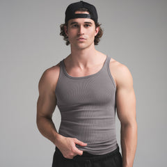SKIMS COTTON MENS RIB TANK 3-PACK | HEATHER MULTI ON A MODEL SIDE VIEW | FOCUS: 0.0, 1.0, 0.9