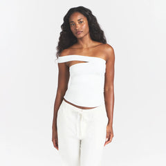 COTTON JERSEY ASYMMETRICAL TOP | MARBLE ON A MODEL FRONT VIEW @ | FOCUS: 0.0, 1.0, 0.9