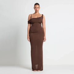 VETTESE X SKIMS SHEER MODAL DRAPED BRALETTE | COCOA ON A MODEL FRONT VIEW| FOCUS: 0.0, 1.0, 0.9