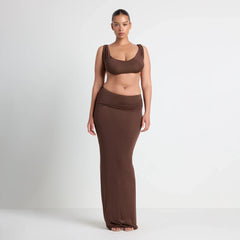 VETTESE X SKIMS SHEER MODAL DRAPED BRALETTE | COCOA ON A MODEL FRONT VIEW | FOCUS: 0.0, 1.0, 0.9