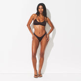 SATIN SWIM SMOCKED SCOOP BIKINI TOP | PHOENIX ON A MODEL FRONT VIEW