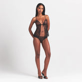 ULTRA FINE LACE PEEK-A-BOO BIKINI | ONYX ON A MODEL FRONT VIEW @ | FOCUS: 0.0, 1.0, 0.9