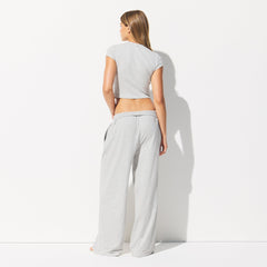 COTTON JERSEY WIDE LEG PANT | LIGHT HEATHER GREY ON A MODEL BACK VIEW @ | FOCUS: 0.0, 1.0, 0.9