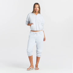 COTTON FLEECE CLASSIC ZIP UP HOODIE | LIGHT HEATHER GREY ON A MODEL FRONT VIEW