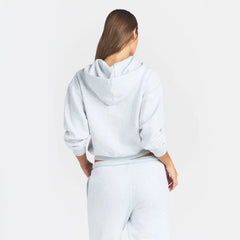COTTON FLEECE CLASSIC ZIP UP HOODIE | LIGHT HEATHER GREY ON A MODEL BACK VIEW