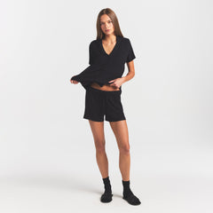 SOFT LOUNGE SHORT SLEEP SET | ONYX ON A MODEL FRONT VIEW @ | FOCUS: 0.0, 1.0, 0.9