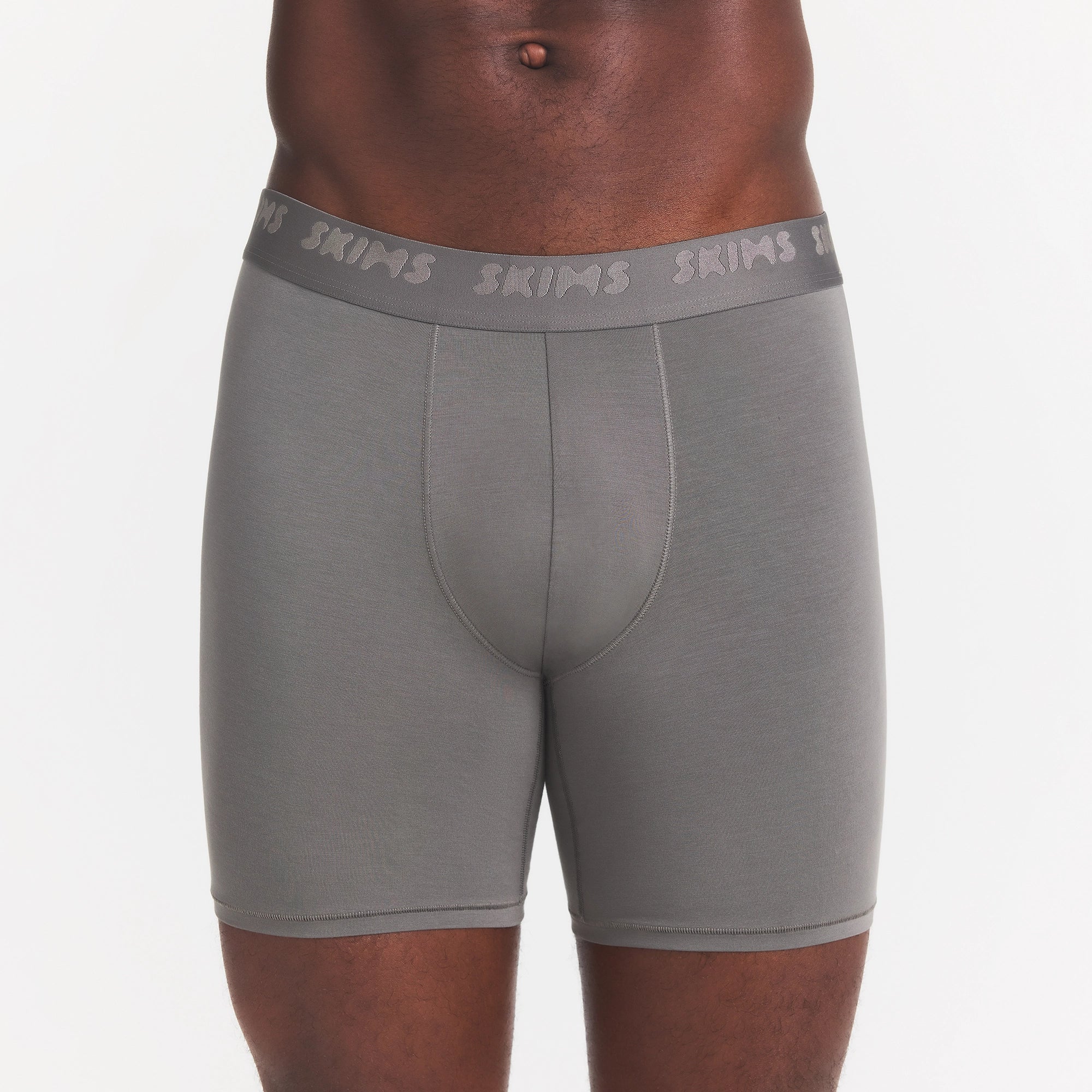 SKIMS STRETCH MENS 5" BOXER BRIEF | GUNMETAL ON A MODEL FRONT VIEW