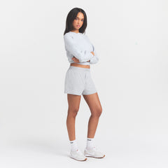 COTTON RIB LOOSE BOXER | LIGHT HEATHER GREY ON A MODEL SIDE VIEW