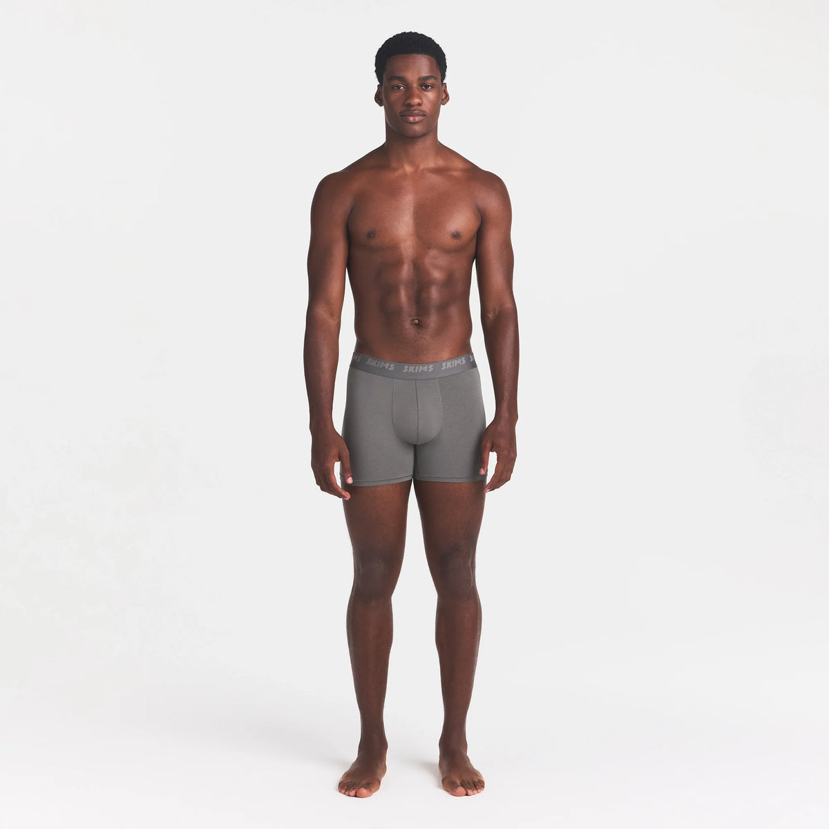 SKIMS STRETCH MENS 3" BOXER BRIEF | GUNMETAL ON A MODEL FRONT VIEW @ | FOCUS: 0.0, 1.0, 0.9