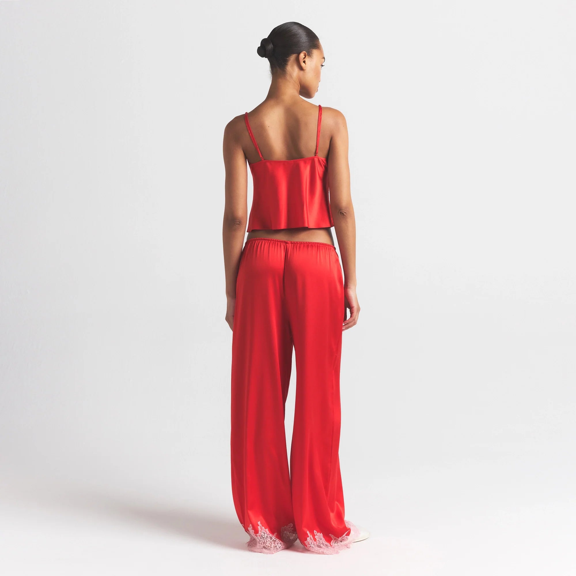 SILK LACE PANT | RUBY CONTRAST ON A MODEL FRONT VIEW @ | FOCUS: 0.0, 1.0, 0.9