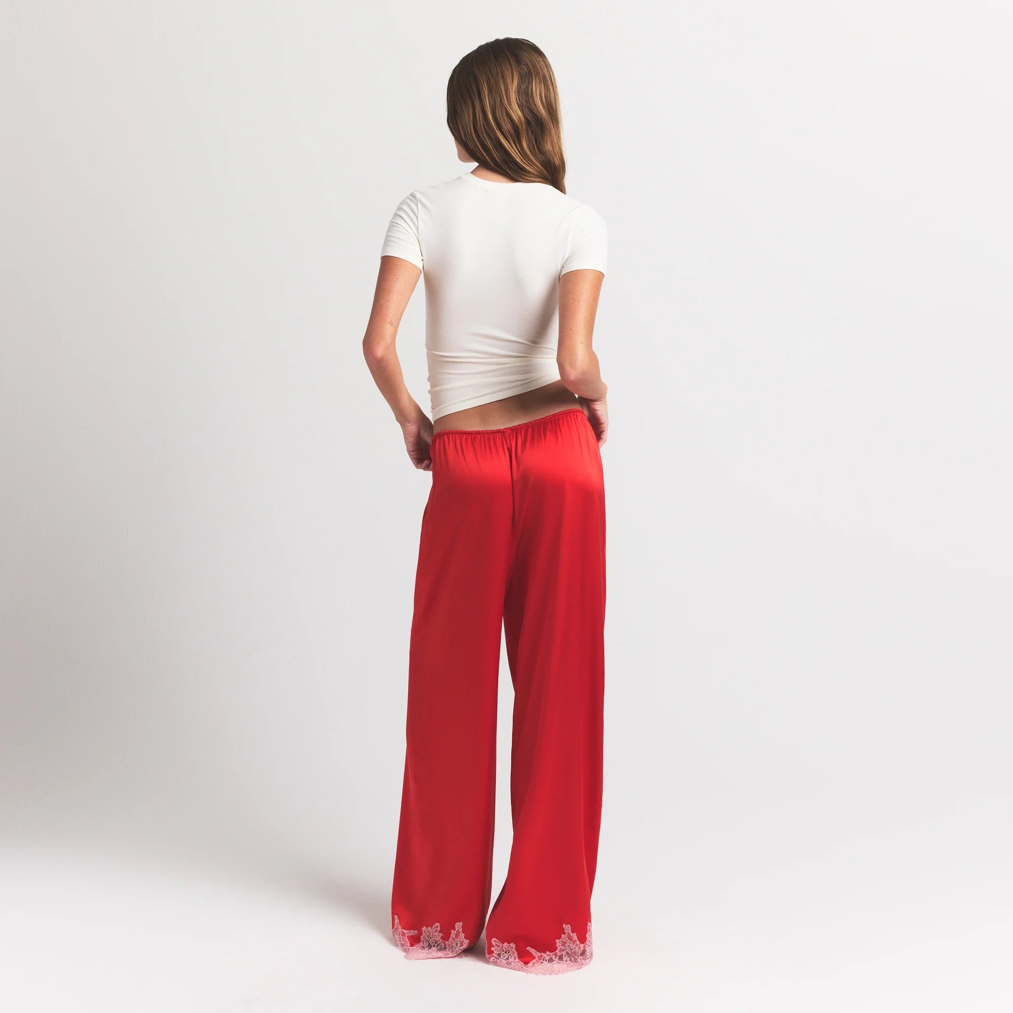 SILK LACE PANT | RUBY CONTRAST ON A MODEL FRONT VIEW @ | FOCUS: 0.0, 1.0, 0.9