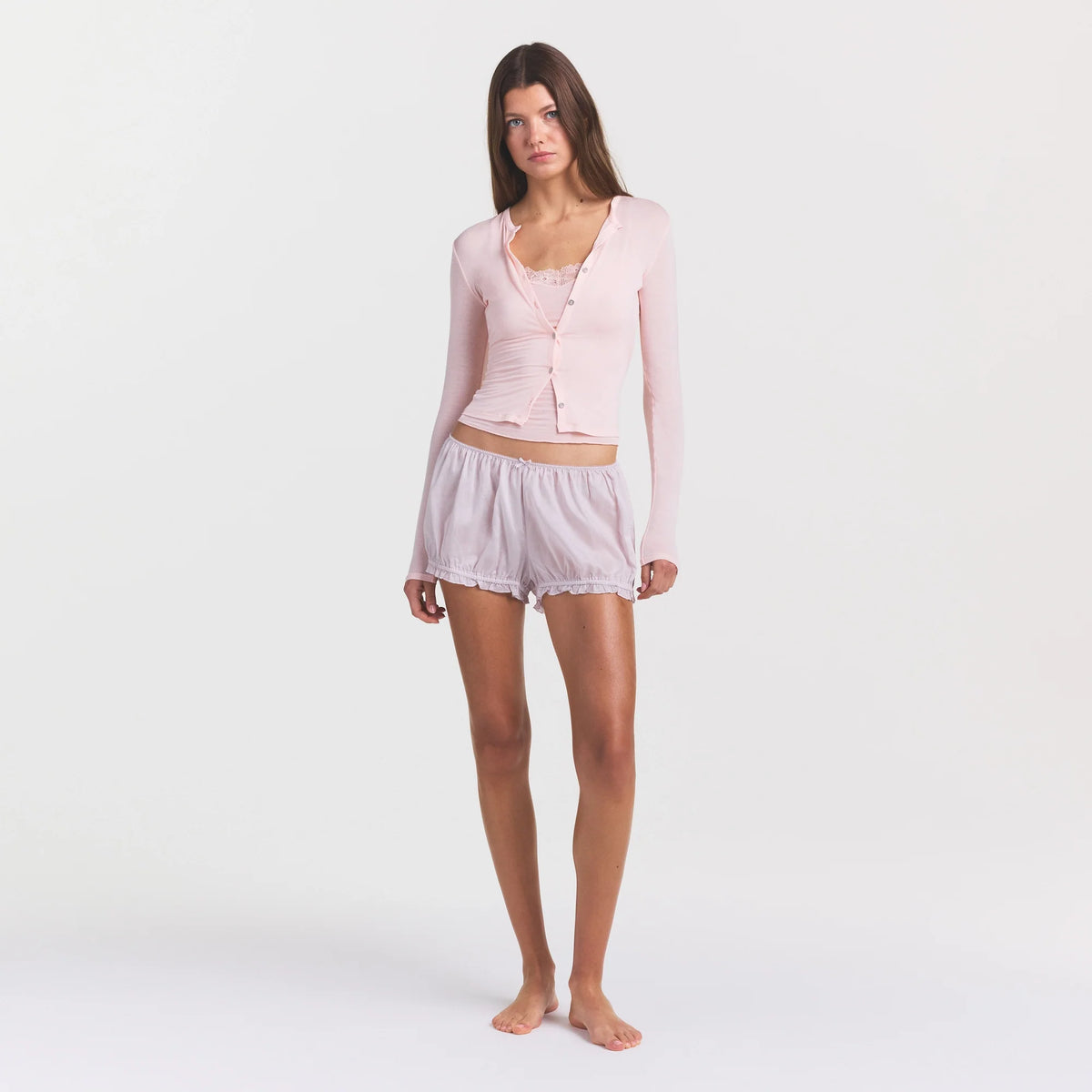 VOILE SLEEP BLOOMER SHORT | LIGHT LILAC ON A MODEL FRONT VIEW @ | FOCUS: 0.0, 1.0, 0.9