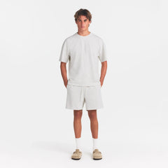 JERSEY LOUNGE MENS RELAXED SHORT | CHALK HEATHER ON A MODEL FRONT VIEW @ | FOCUS: 0.0, 1.0, 0.9