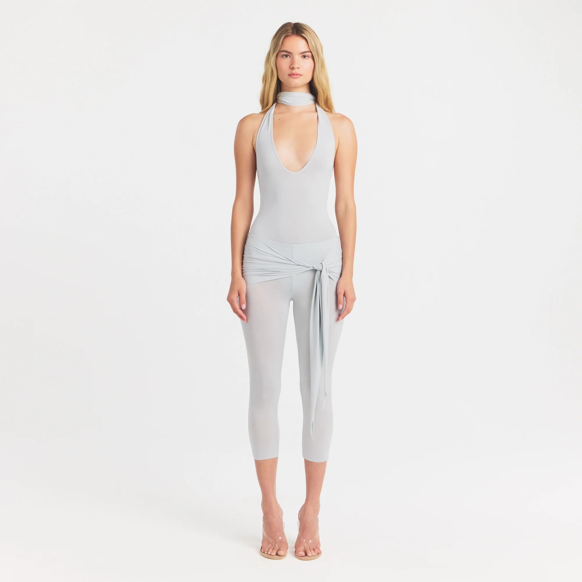 CUPRO JERSEY HALTER BODYSUIT | PEARL ON A MODEL FRONT VIEW @ | FOCUS: 0.0, 1.0, 0.9