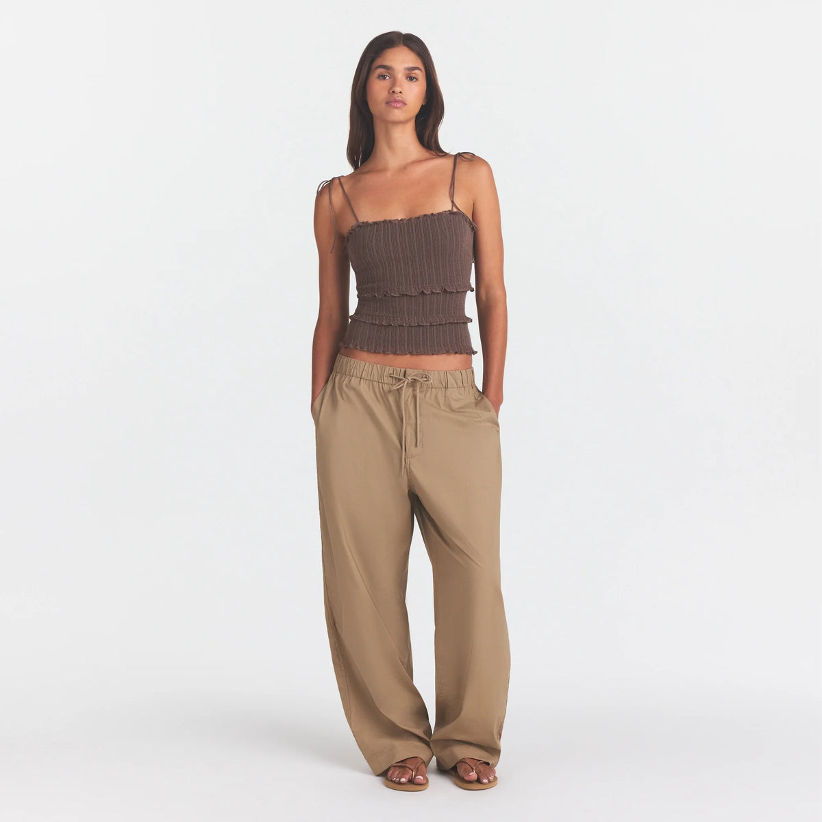 WOVEN COTTON OVERSIZED STRAIGHT LEG PANT | DESERT ON A MODEL FRONT VIEW @ | FOCUS: 0.0, 1.0, 0.9