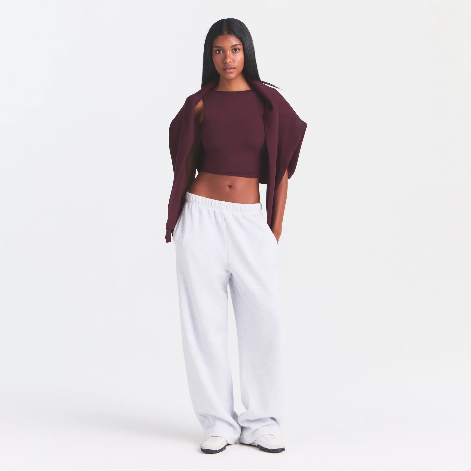 COTTON FLEECE CLASSIC STRAIGHT LEG PANT | LHG ARCHED SKIMS PLAID ON A MODEL FRONT VIEW @ | FOCUS: 0.0, 1.0, 0.9