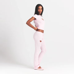 WORN IN JERSEY HEART STRAIGHT LEG PANT | BABY PINK ON A MODEL SIDE VIEW @ | FOCUS: 0.0, 1.0, 0.9