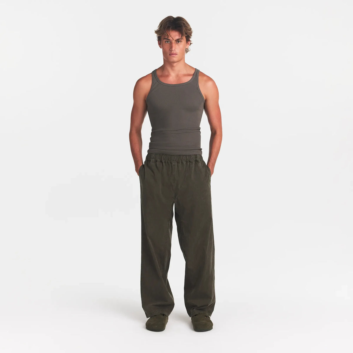 WOVEN MENS PULL-ON PANT | JUNGLE ON A MODEL FRONT VIEW @ | FOCUS: 0.0, 1.0, 0.9