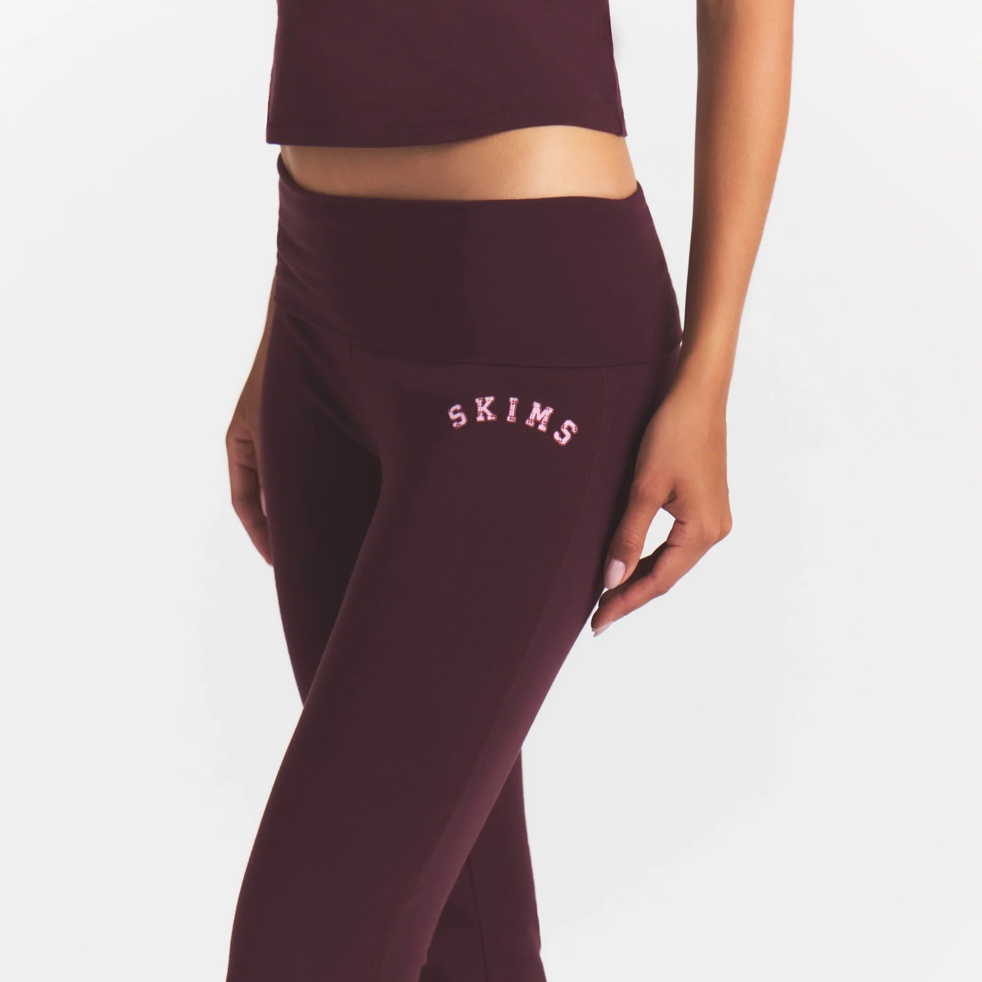 COTTON JERSEY LOGO FOLDOVER PANT | CURRANT ARCHED SKIMS PLAID ON A MODEL | FOCUS: 0.0, 1.0, 0.9
