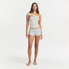 COTTON JERSEY FOLDOVER SHORT | LIGHT HEATHER GREY ON A MODEL FRONT VIEW @ | FOCUS: 0.0, 1.0, 0.9