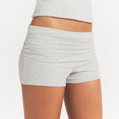 COTTON JERSEY FOLDOVER SHORT | LIGHT HEATHER GREY ON A MODEL SIDE VIEW @ | FOCUS: 0.0, 1.0, 0.9