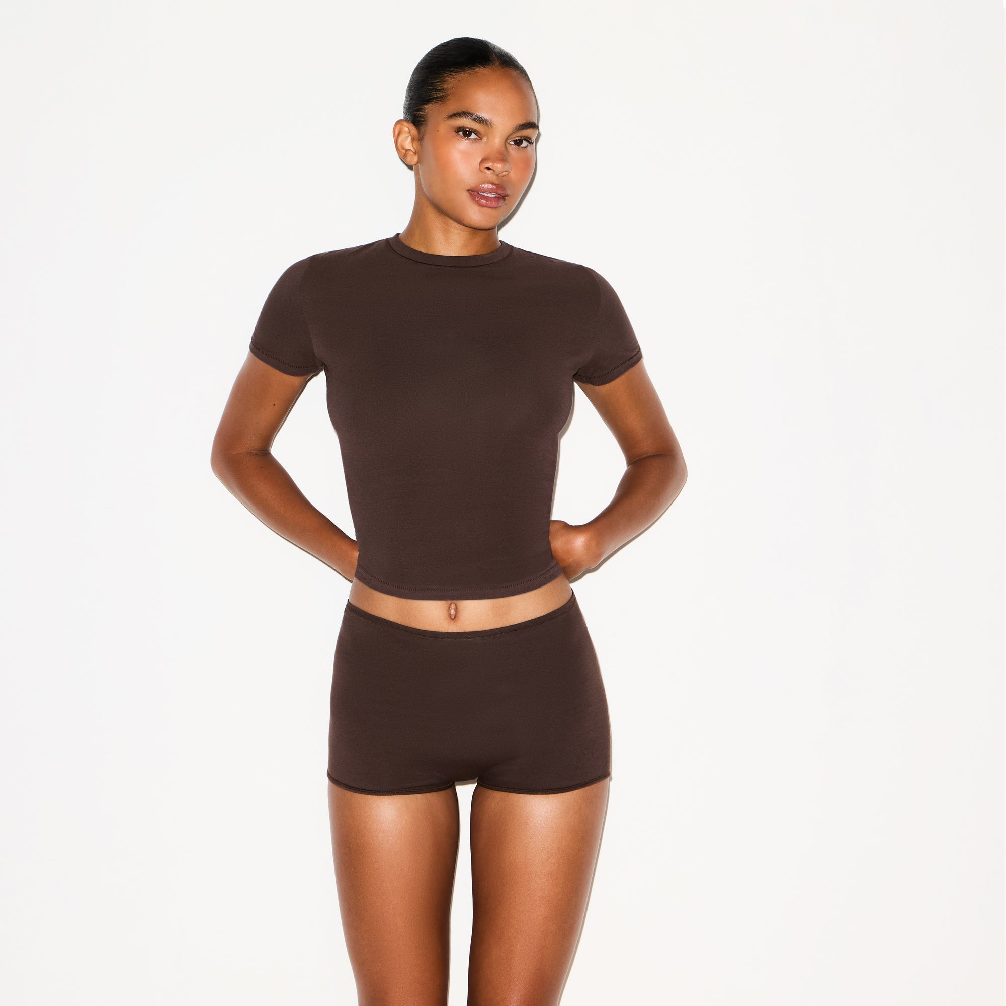 PERIOD PANTIES BOY SHORT | ESPRESSO ON A MODEL SIDE VIEW @ | FOCUS: 0.0, 1.0, 0.9