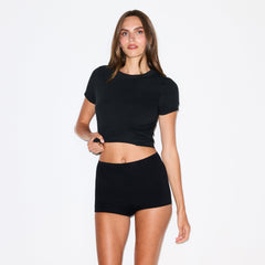 PERIOD PANTIES BOY SHORT | OBSIDIAN ON A MODEL SIDE VIEW @ | FOCUS: 0.0, 1.0, 0.9