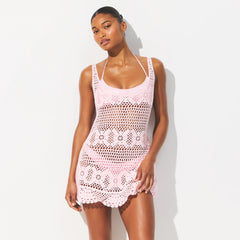 SWIM COVER-UPS CROCHET MINI TANK DRESS | CHERRY BLOSSOM ON A MODEL FRONT VIEW