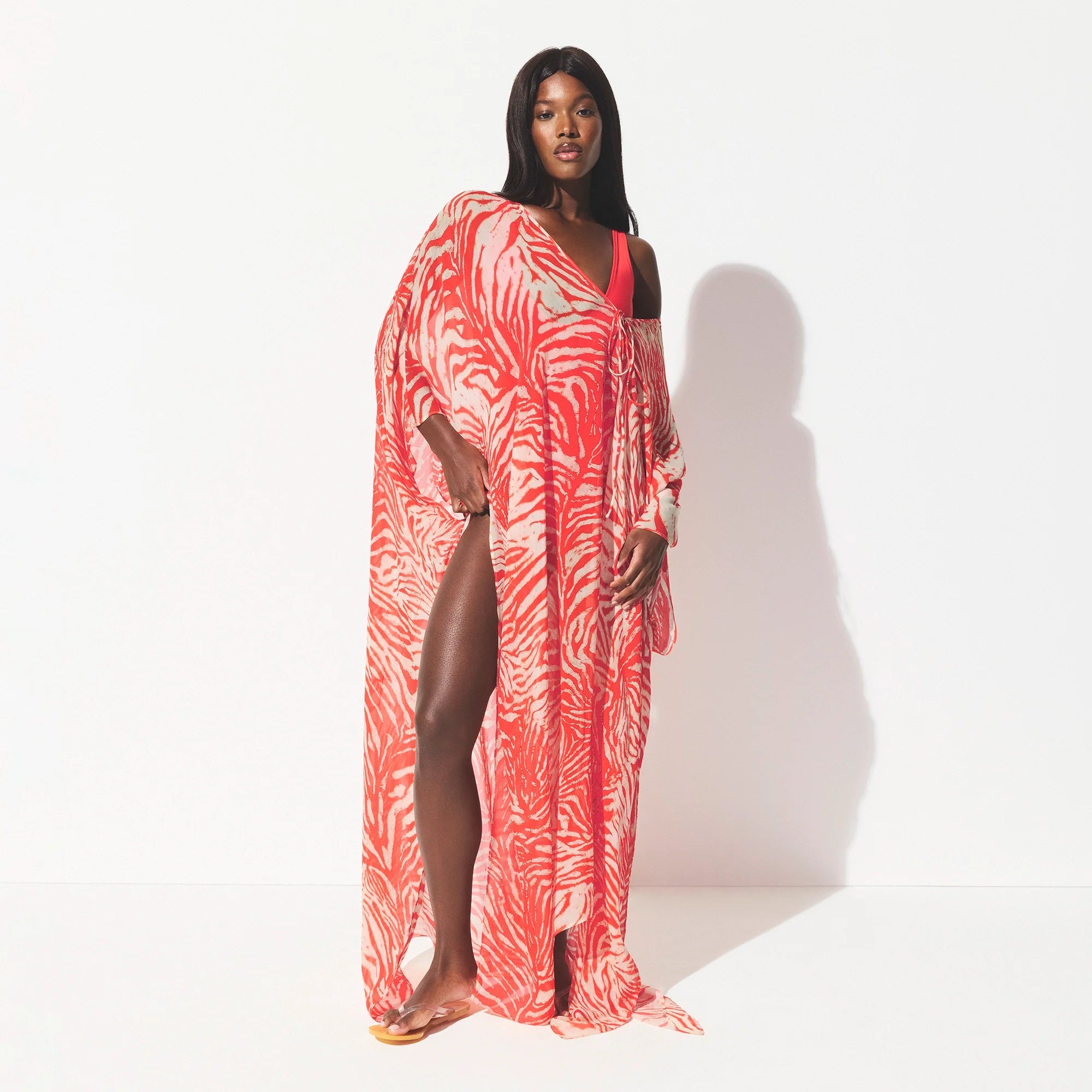 SHEER COVER-UPS LONG KAFTAN | CARMINE ZEBRA PRINT ON A MODEL FRONT VIEW @ | FOCUS: 0.0, 1.0, 0.9