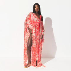 SHEER COVER-UPS LONG KAFTAN | CARMINE ZEBRA PRINT ON A MODEL FRONT VIEW @ | FOCUS: 0.0, 1.0, 0.9