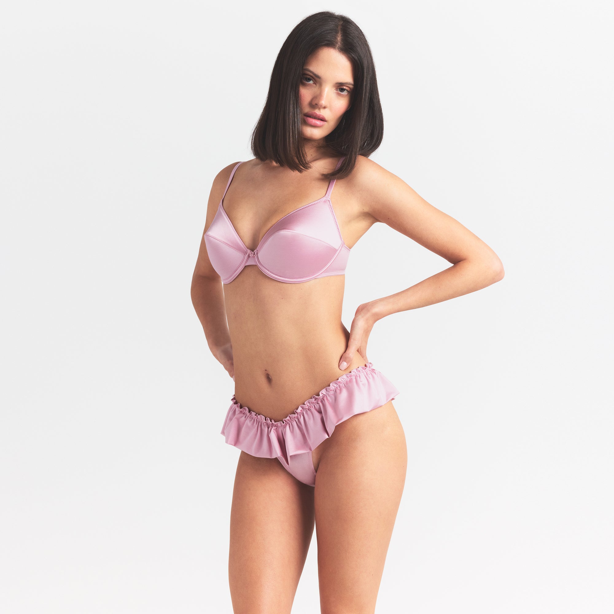 STRETCH SATIN VINTAGE DEMI BRA | HALITE ON A MODEL SIDE VIEW @ | FOCUS: 0.0, 1.0, 0.9