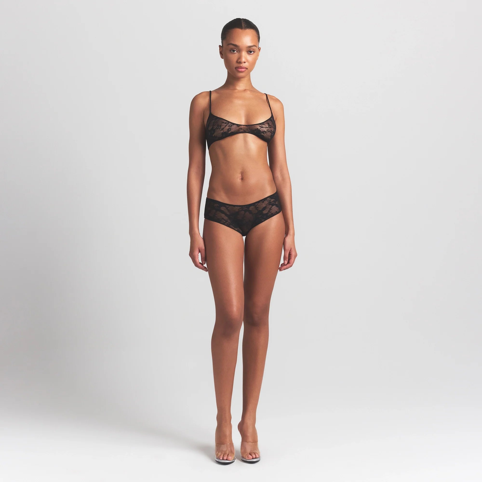 STRETCH LACE LOW RISE HIPSTER | SOOT ON A MODEL FRONT VIEW @ | FOCUS: 0.0, 1.0, 0.9