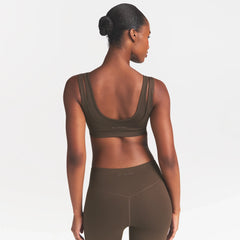 NikeSKIMS MATTE DOUBLE STRAP SCOOP BRA | DARK SEPIA ON A MODEL FRONT VIEW @ | FOCUS: 0.0, 1.0, 0.9