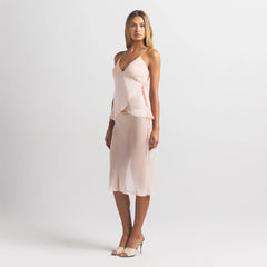 SKIMS ROMANCE MIDI SKIRT | PRIMROSE ON A MODEL FRONT VIEW @ | FOCUS: 0.0, 1.0, 0.9