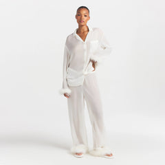 BRIDAL SLEEP FEATHER TRIM LONG SET | IVORY ON A MODEL FRONT VIEW @ | FOCUS: 0.0, 1.0, 0.9
