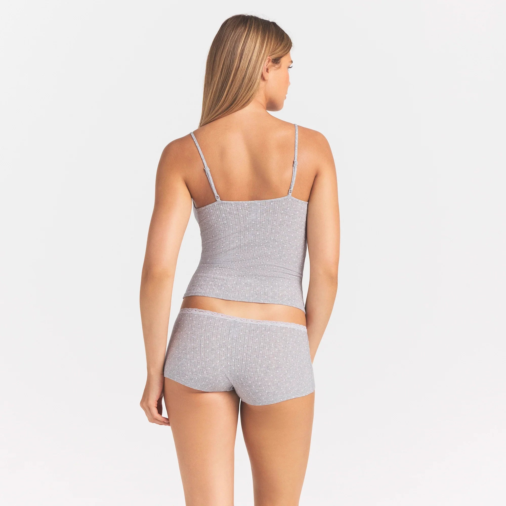 LIGHTWEIGHT COTTON POINTELLE LACE CAMI AND BOY SHORT SET | LIGHT HEATHER GREY PIN DOT ON A MODEL SIDE VIEW @ | FOCUS: 0.0, 1.0, 0.9