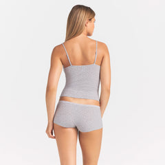 LIGHTWEIGHT COTTON POINTELLE LACE CAMI AND BOY SHORT SET | LIGHT HEATHER GREY PIN DOT ON A MODEL SIDE VIEW @ | FOCUS: 0.0, 1.0, 0.9