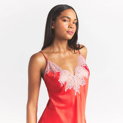SILK LACE MINI SLIP DRESS | RUBY CONTRAST ON A MODEL SIDE VIEW @ | FOCUS: 0.0, 1.0, 0.9