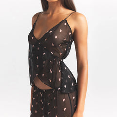 SKIMS ROMANCE WRAP CAMI TOP | OBSIDIAN SPACED HEARTS ON A MODEL SIDE VIEW @ | FOCUS: 0.0, 1.0, 0.9